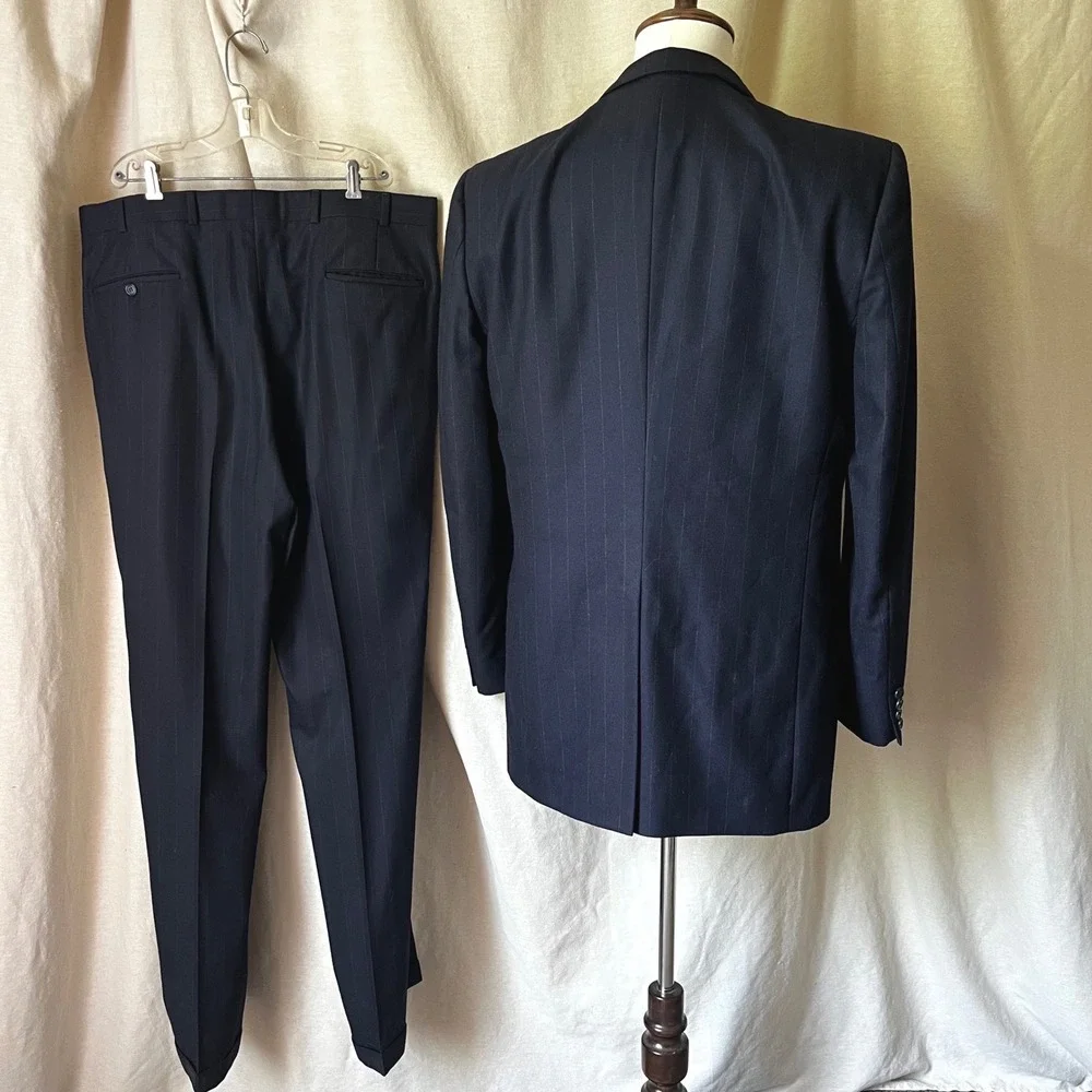 Vintage Burberrys Navy‎ Pinstripe Wool Suit 44L Two Piece Set Made USA